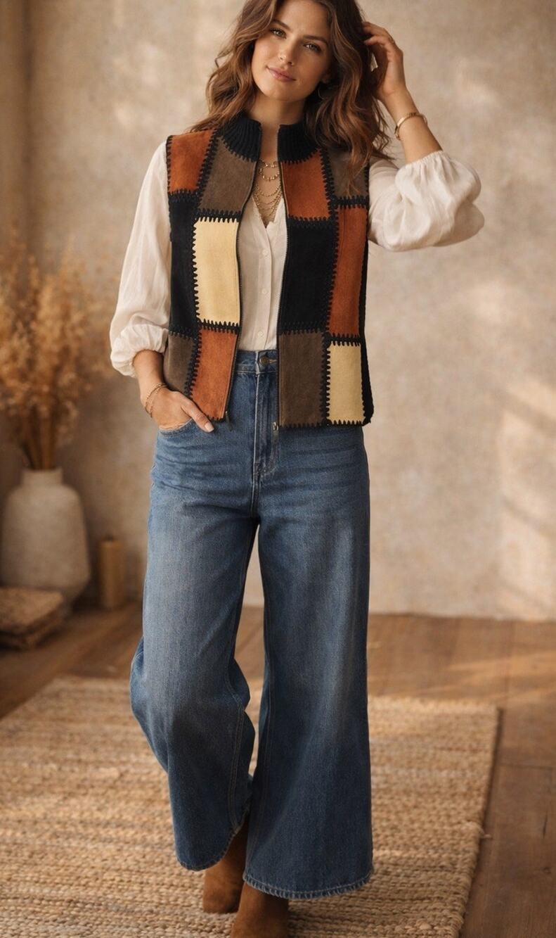 Vintage Artisan Leather Suede Patchwork Vest Boho 90s Zip Designer Studio M